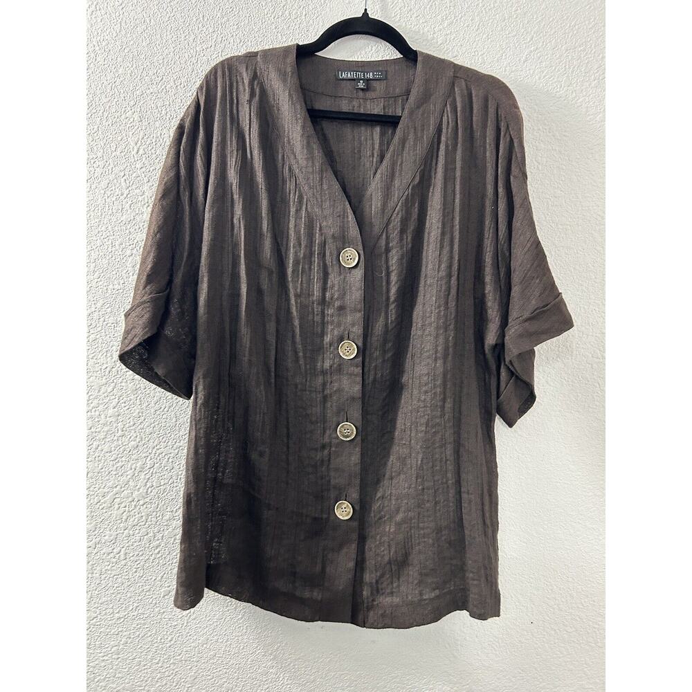 Lafayette 148 Sz 10 100% Linen Brown Button Front Tunic Short Sleeve Lagenlook